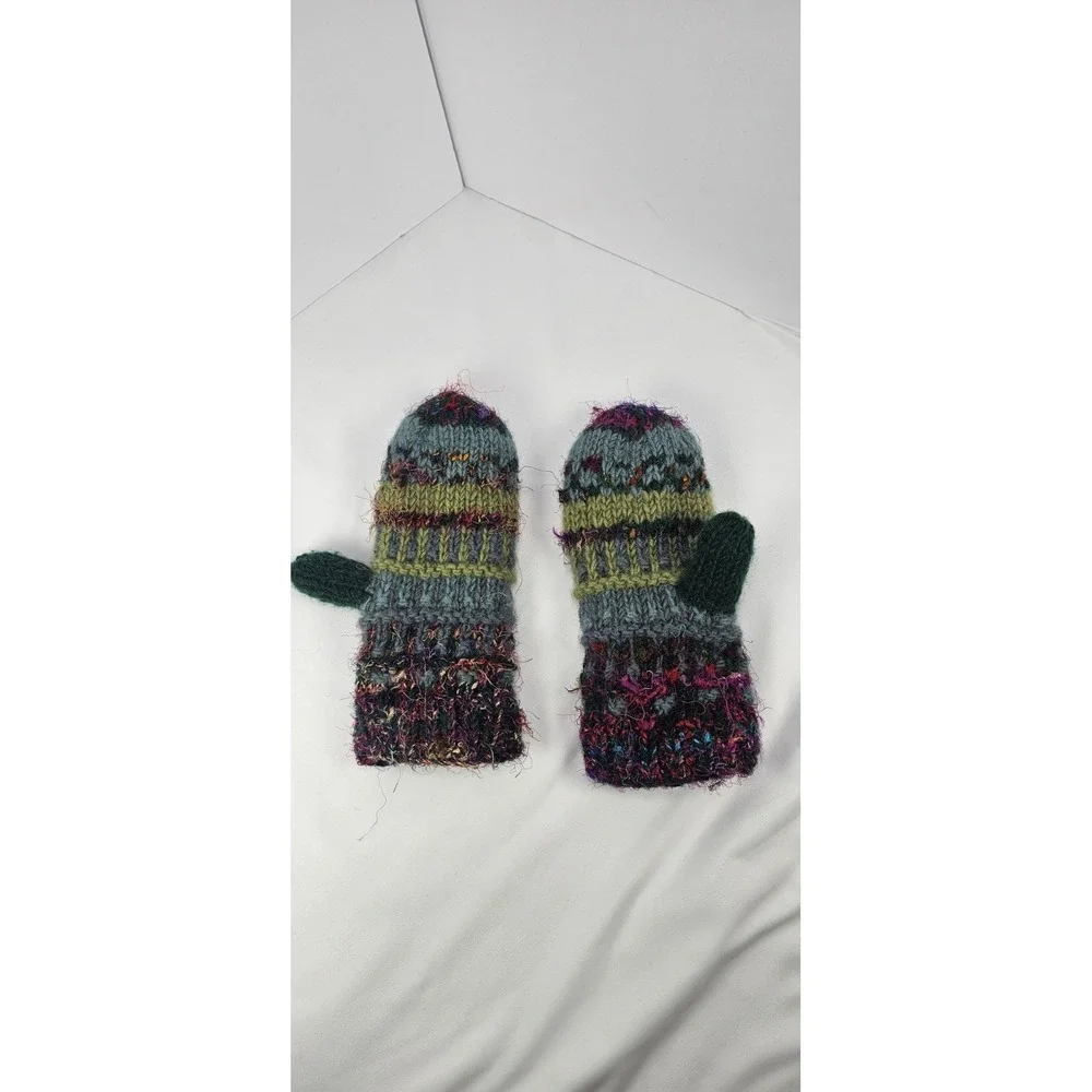 Rising Tide Wool Knit‎ Mittens Medium Fleece Lined Nepal Boho Winter Gloves